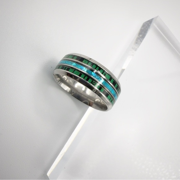 Stainless Steel Ring with Green and Blue Inlay - Picture 15 of 17